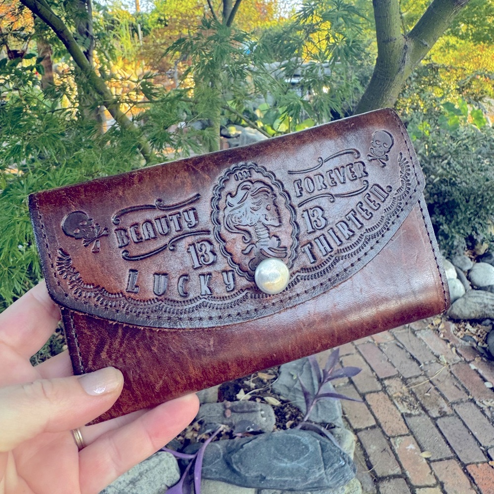 Lucky Thirteen Biker Style Leather Wallet Brown with Checkbook Insert